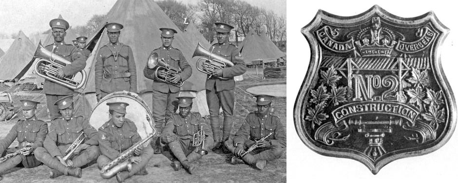 Slide - Members of No. 2 Construction Battalion with musical instruments (right) and the Unit badge (left)